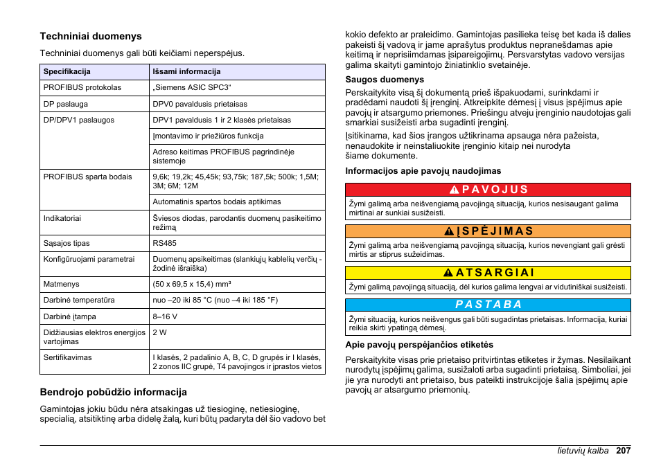 Naudotojo vadovas, Techniniai duomenys, Bendrojo pobūdžio informacija | Saugos duomenys, Informacijos apie pavojų naudojimas, Apie pavojų perspėjančios etiketės, Lietuvių kalba | Hach-Lange SC 200 Profibus network card User Manual User Manual | Page 207 / 316