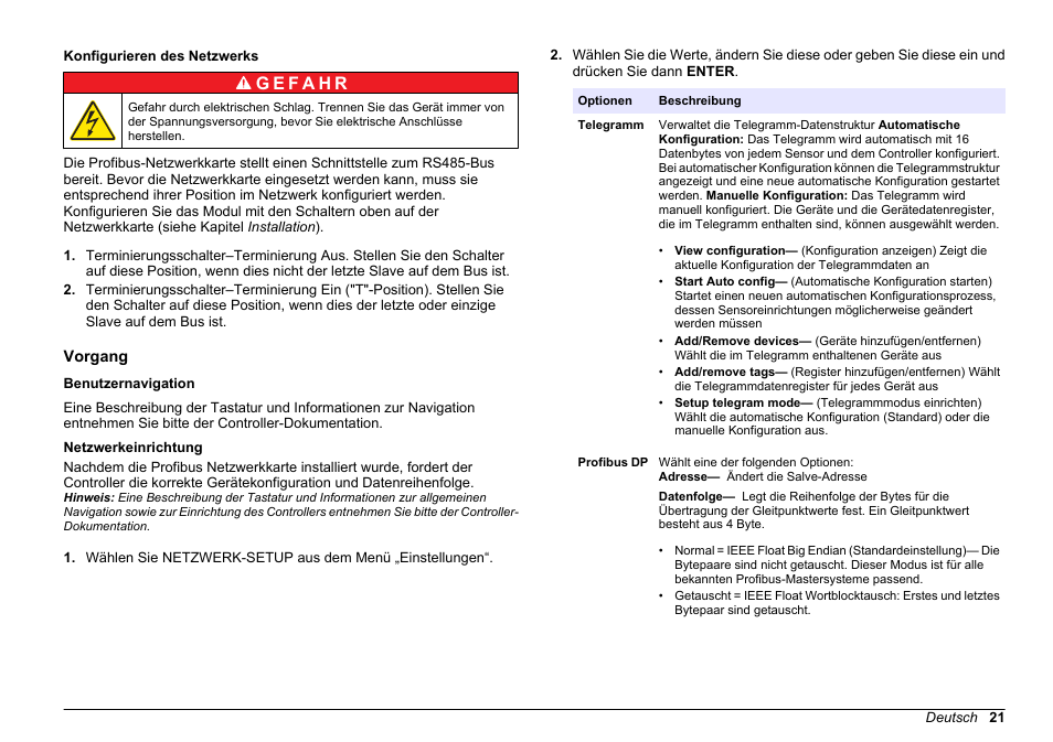 Konfigurieren des netzwerks, Vorgang, Benutzernavigation | Netzwerkeinrichtung | Hach-Lange SC 200 Profibus network card User Manual User Manual | Page 21 / 316