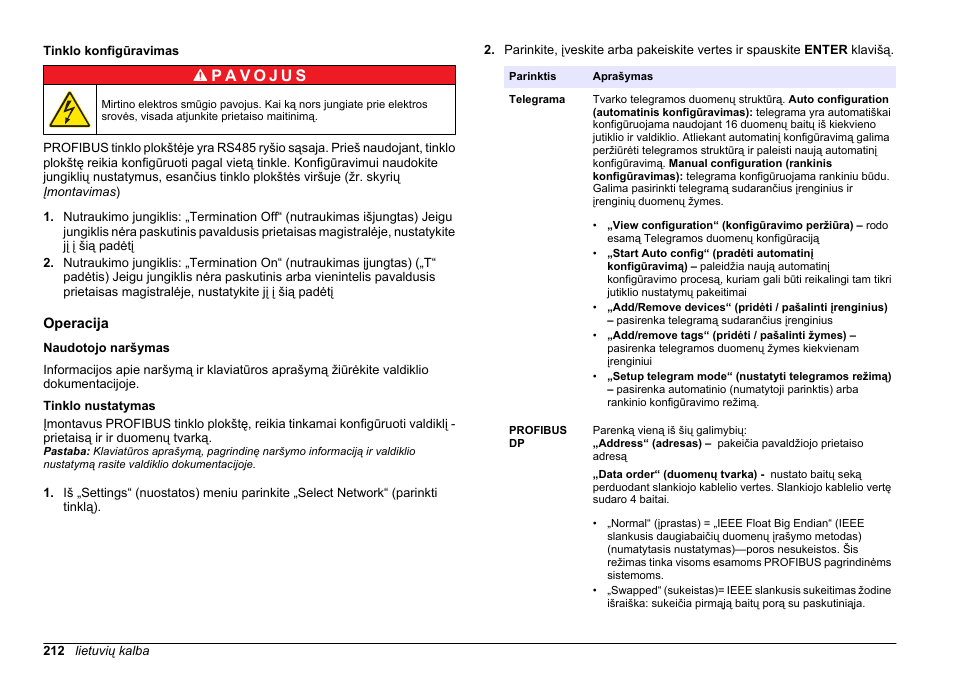 Tinklo konfigūravimas, Operacija, Naudotojo naršymas | Tinklo nustatymas | Hach-Lange SC 200 Profibus network card User Manual User Manual | Page 212 / 316