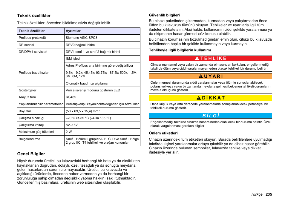 Kullanım kılavuzu, Teknik özellikler, Genel bilgiler | Güvenlik bilgileri, Tehlikeyle ilgili bilgilerin kullanımı, Önlem etiketleri, Türkçe | Hach-Lange SC 200 Profibus network card User Manual User Manual | Page 235 / 316