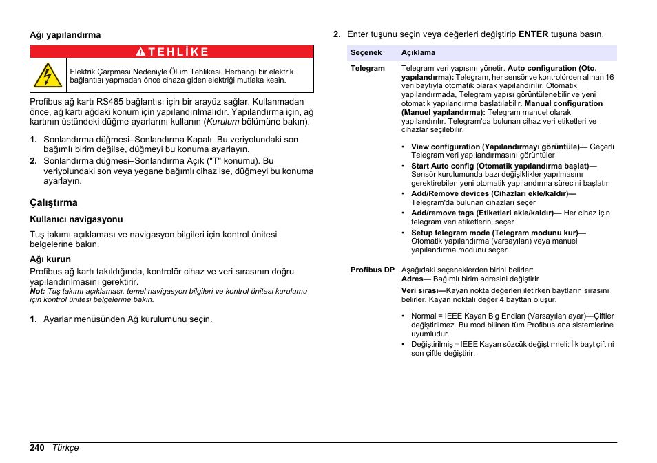 Ağı yapılandırma, Çalıştırma, Kullanıcı navigasyonu | Ağı kurun | Hach-Lange SC 200 Profibus network card User Manual User Manual | Page 240 / 316