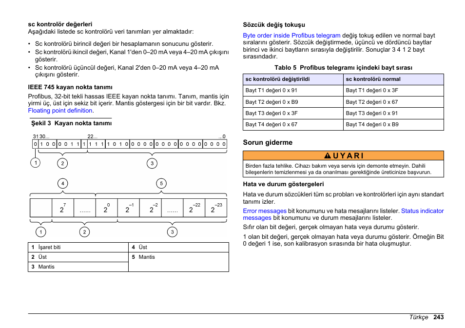 Sc kontrolör değerleri, Ieee 745 kayan nokta tanımı, Sözcük değiş tokuşu | Sorun giderme, Hata ve durum göstergeleri | Hach-Lange SC 200 Profibus network card User Manual User Manual | Page 243 / 316