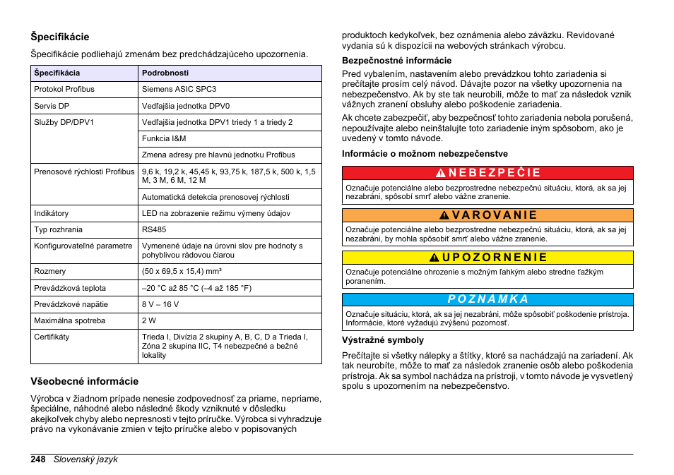 Návod na obsluhu, Špecifikácie, Všeobecné informácie | Bezpečnostné informácie, Informácie o možnom nebezpečenstve, Výstražné symboly, Slovenský jazyk | Hach-Lange SC 200 Profibus network card User Manual User Manual | Page 248 / 316
