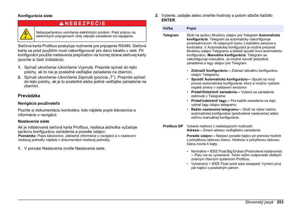 Konfigurácia siete, Prevádzka, Navigácia používateľa | Nastavenie siete | Hach-Lange SC 200 Profibus network card User Manual User Manual | Page 253 / 316