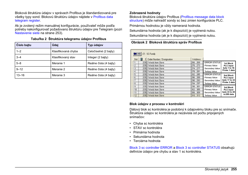 Zobrazené hodnoty, Blok údajov z procesu v kontroléri | Hach-Lange SC 200 Profibus network card User Manual User Manual | Page 255 / 316
