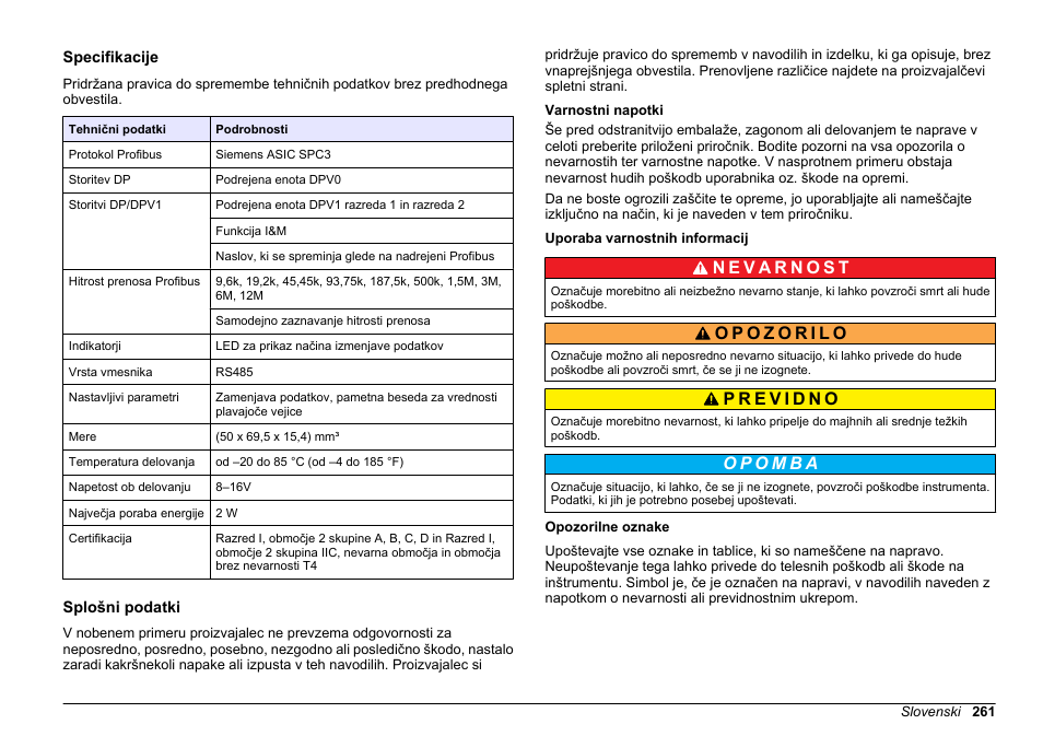 Navodila za uporabo, Specifikacije, Splošni podatki | Varnostni napotki, Uporaba varnostnih informacij, Opozorilne oznake, Slovenski | Hach-Lange SC 200 Profibus network card User Manual User Manual | Page 261 / 316