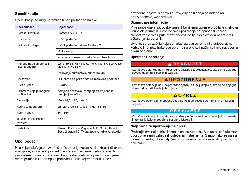 Korisnički priručnik, Specifikacije, Opći podaci | Sigurnosne informacije, Upotreba upozorenja, Naljepnice za upozorenje na oprez, Hrvatski | Hach-Lange SC 200 Profibus network card User Manual User Manual | Page 275 / 316