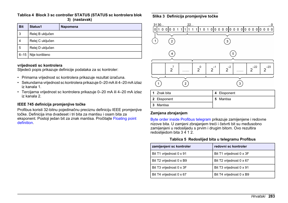 Vrijednosti sc kontrolera, Ieee 745 definicija promjenjive točke, Zamjena zbrajanjem | Hach-Lange SC 200 Profibus network card User Manual User Manual | Page 283 / 316
