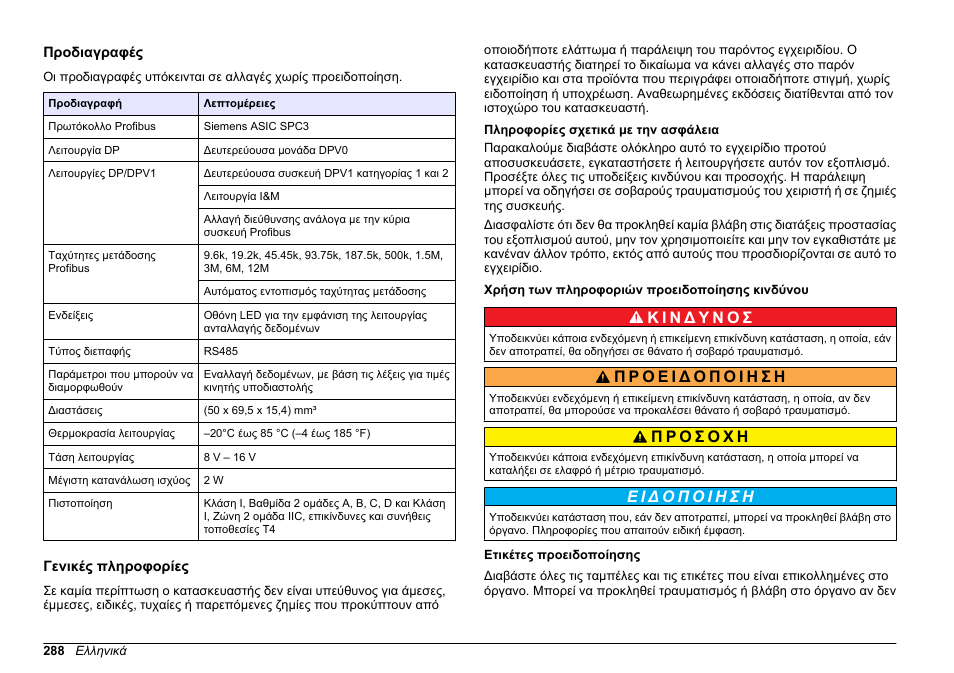 Εγχειρίδιο λειτουργίας, Προδιαγραφές, Γενικές πληροφορίες | Πληροφορίες σχετικά με την ασφάλεια, Χρήση των πληροφοριών προειδοποίησης κινδύνου, Ετικέτες προειδοποίησης, Ελληνικά | Hach-Lange SC 200 Profibus network card User Manual User Manual | Page 288 / 316