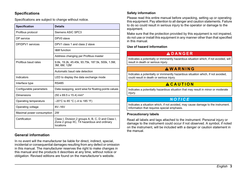 User manual, Specifications, General information | Safety information, Use of hazard information, Precautionary labels, English | Hach-Lange SC 200 Profibus network card User Manual User Manual | Page 3 / 316