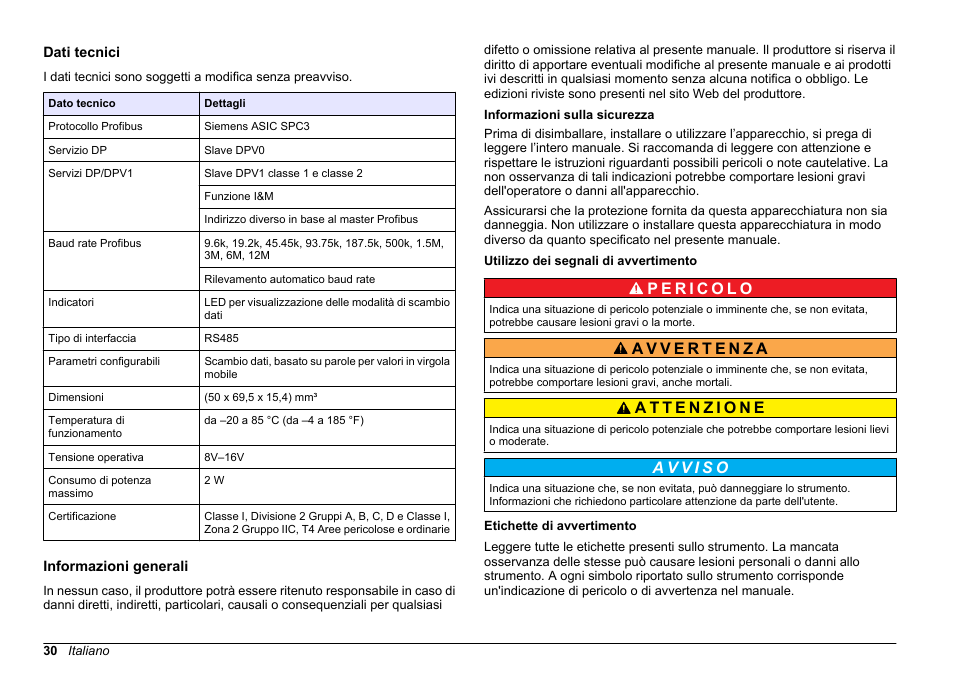 Manuale dell'utente, Dati tecnici, Informazioni generali | Informazioni sulla sicurezza, Utilizzo dei segnali di avvertimento, Etichette di avvertimento, Italiano | Hach-Lange SC 200 Profibus network card User Manual User Manual | Page 30 / 316