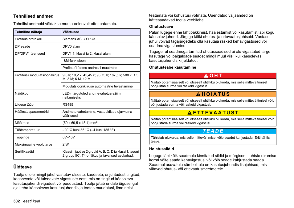 Kasutusjuhend, Tehnilised andmed, Üldteave | Ohutusteave, Ohutusteabe kasutamine, Hoiatussildid, Eesti keel, O h t | Hach-Lange SC 200 Profibus network card User Manual User Manual | Page 302 / 316