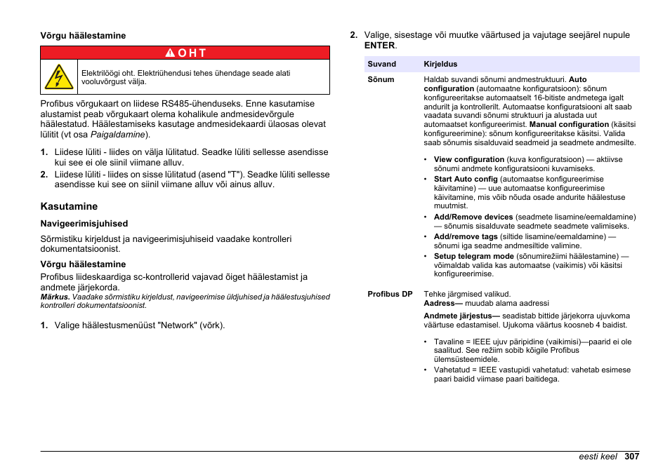 Võrgu häälestamine, Kasutamine, Navigeerimisjuhised | O h t | Hach-Lange SC 200 Profibus network card User Manual User Manual | Page 307 / 316