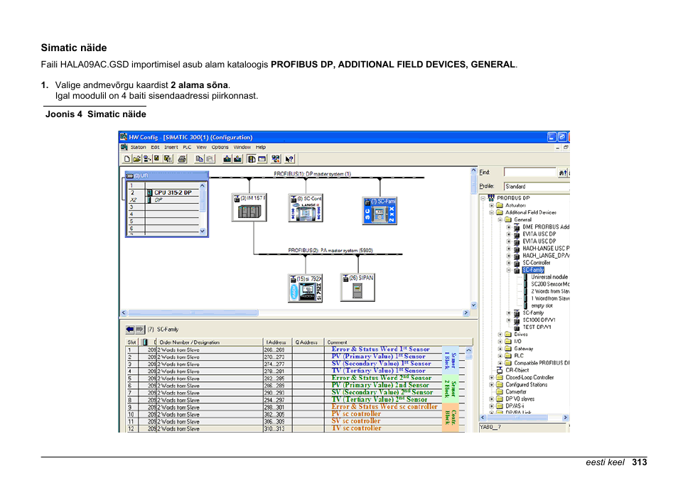 Simatic näide | Hach-Lange SC 200 Profibus network card User Manual User Manual | Page 313 / 316