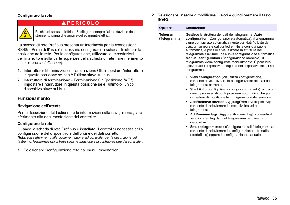 Configurare la rete, Funzionamento, Navigazione dell'utente | Hach-Lange SC 200 Profibus network card User Manual User Manual | Page 35 / 316