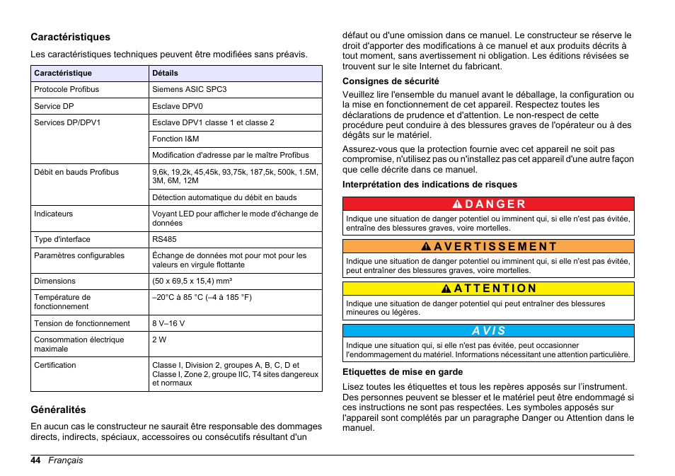 Manuel d'utilisation, Caractéristiques, Généralités | Consignes de sécurité, Interprétation des indications de risques, Etiquettes de mise en garde, Français, A v i s | Hach-Lange SC 200 Profibus network card User Manual User Manual | Page 44 / 316