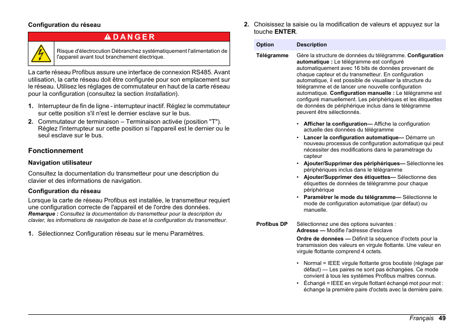 Configuration du réseau, Fonctionnement, Navigation utilisateur | Hach-Lange SC 200 Profibus network card User Manual User Manual | Page 49 / 316