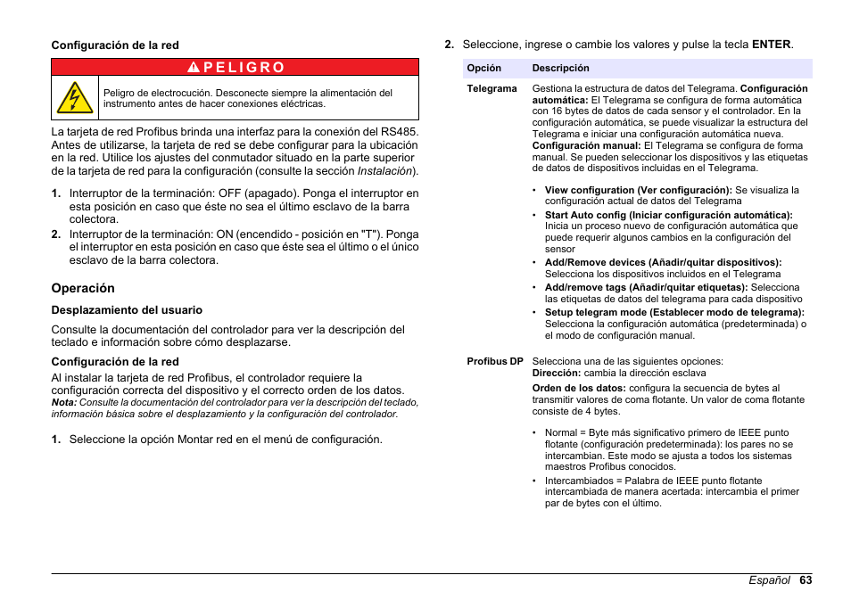 Configuración de la red, Operación, Desplazamiento del usuario | Hach-Lange SC 200 Profibus network card User Manual User Manual | Page 63 / 316