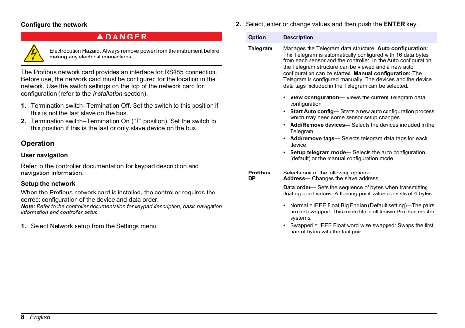 Configure the network, Operation, User navigation | Setup the network | Hach-Lange SC 200 Profibus network card User Manual User Manual | Page 8 / 316