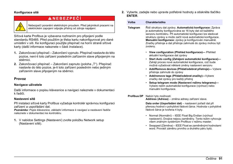 Konfigurace sítě, Provoz, Navigace uživatele | Nastavení sítě | Hach-Lange SC 200 Profibus network card User Manual User Manual | Page 91 / 316