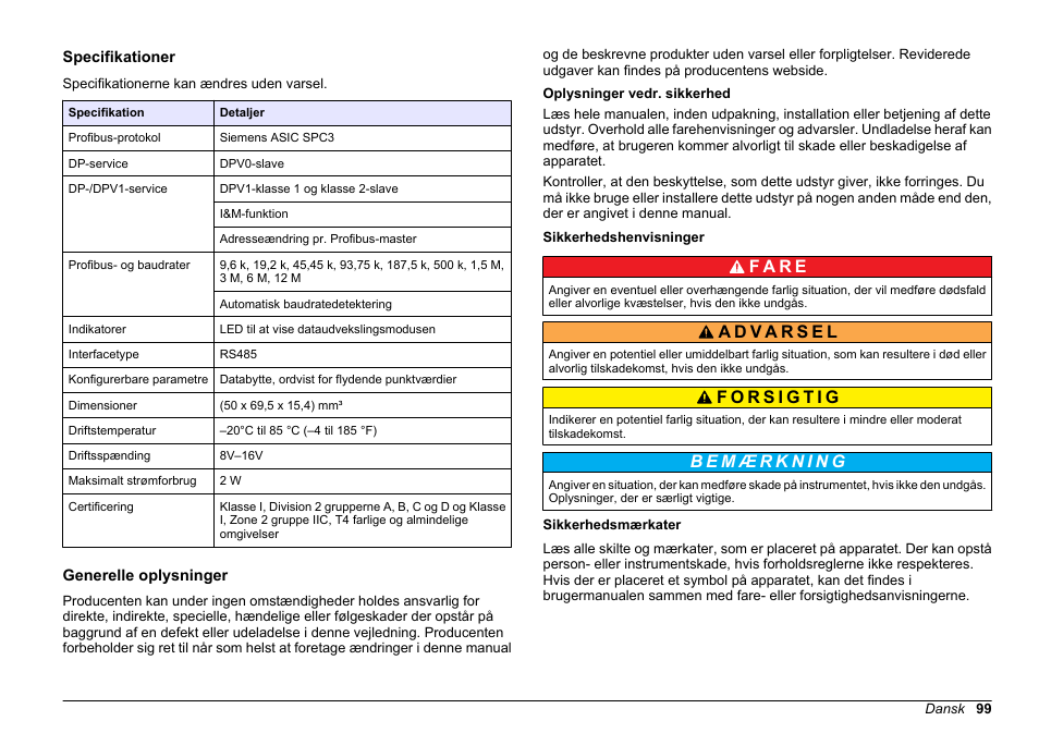Brugsanvisning, Specifikationer, Generelle oplysninger | Oplysninger vedr. sikkerhed, Sikkerhedshenvisninger, Sikkerhedsmærkater, Dansk, F a r e | Hach-Lange SC 200 Profibus network card User Manual User Manual | Page 99 / 316