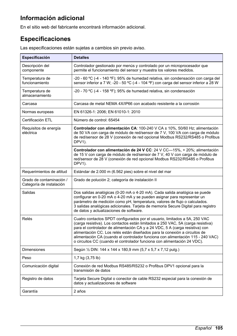 Manual básico del usuario, Información adicional, Especificaciones | Español | Hach-Lange POLYMETRON 9500 Basic User Manual User Manual | Page 105 / 284