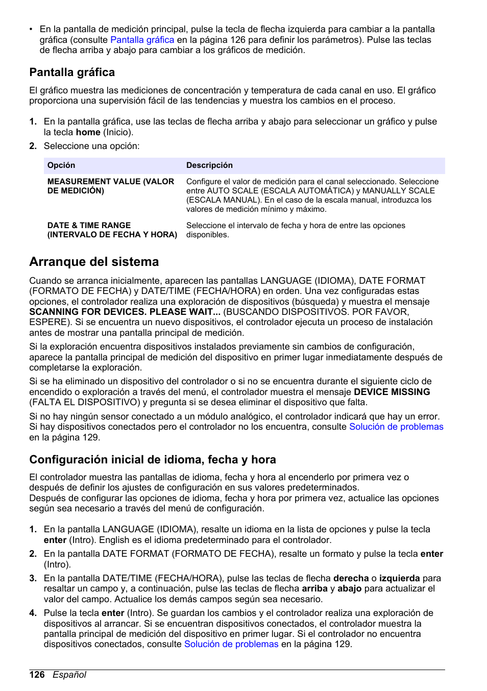 Pantalla gráfica, Arranque del sistema, Configuración inicial de idioma, fecha y hora | Hach-Lange POLYMETRON 9500 Basic User Manual User Manual | Page 126 / 284