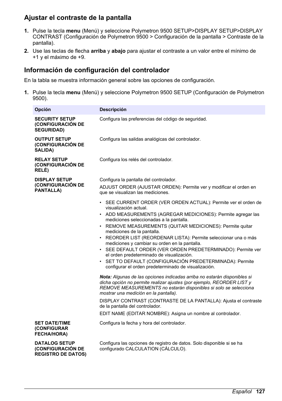 Ajustar el contraste de la pantalla, Información de configuración del controlador | Hach-Lange POLYMETRON 9500 Basic User Manual User Manual | Page 127 / 284