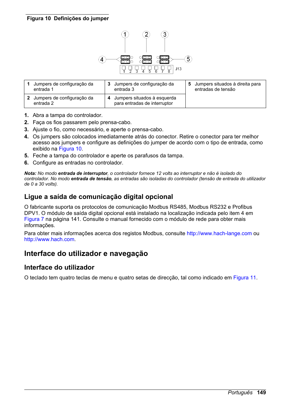 Ligue a saída de comunicação digital opcional, Interface do utilizador e navegação, Interface do utilizador | Figura 10 | Hach-Lange POLYMETRON 9500 Basic User Manual User Manual | Page 149 / 284