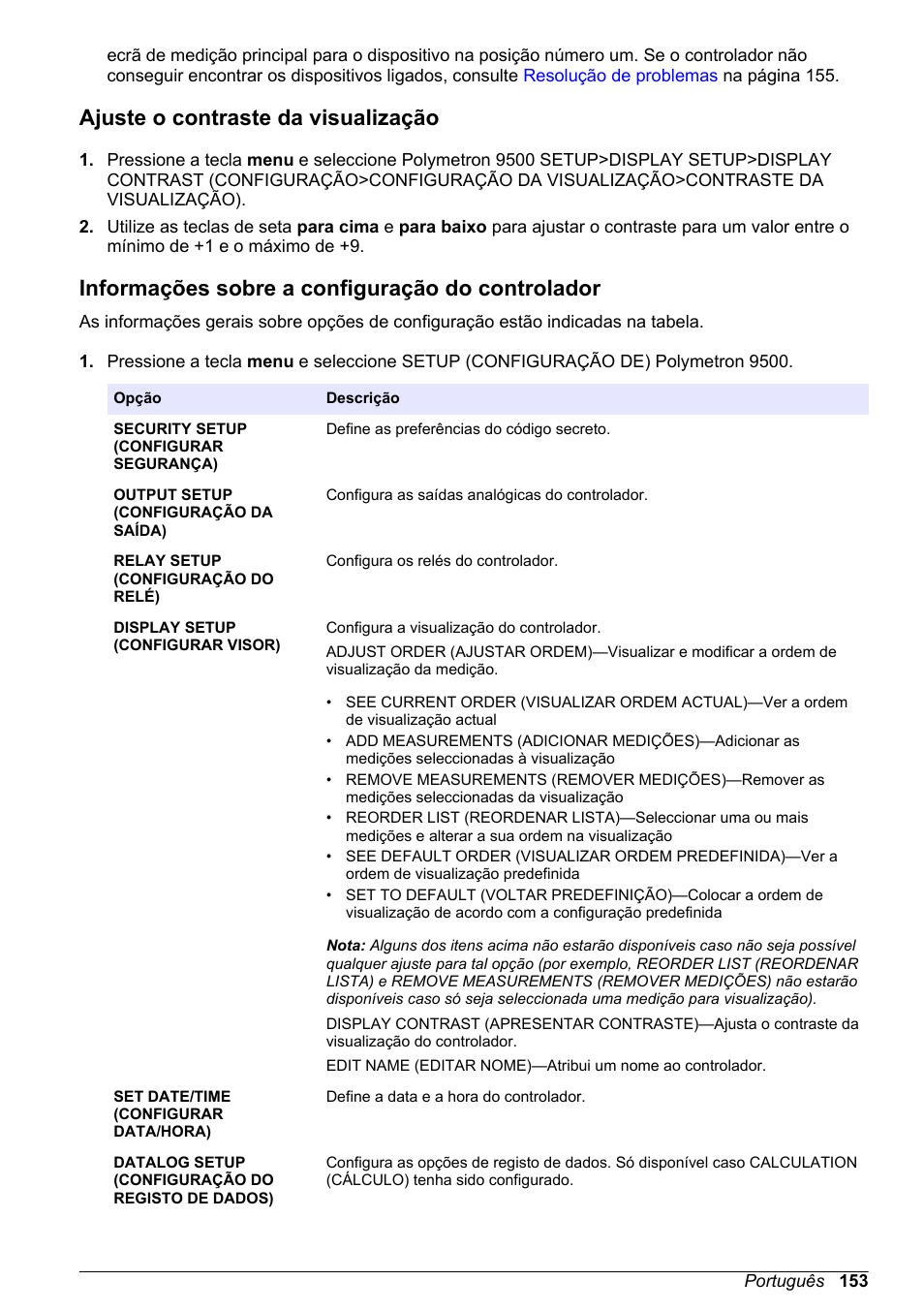 Ajuste o contraste da visualização, Informações sobre a configuração do controlador | Hach-Lange POLYMETRON 9500 Basic User Manual User Manual | Page 153 / 284