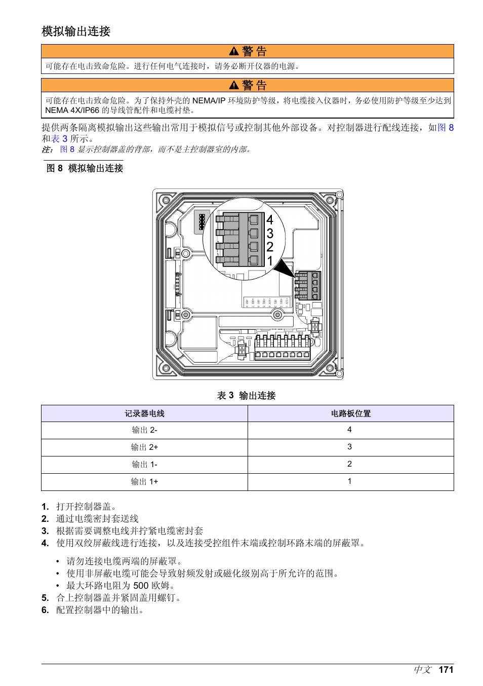 模拟输出连接, 模拟输出连接 警 告 | Hach-Lange POLYMETRON 9500 Basic User Manual User Manual | Page 171 / 284