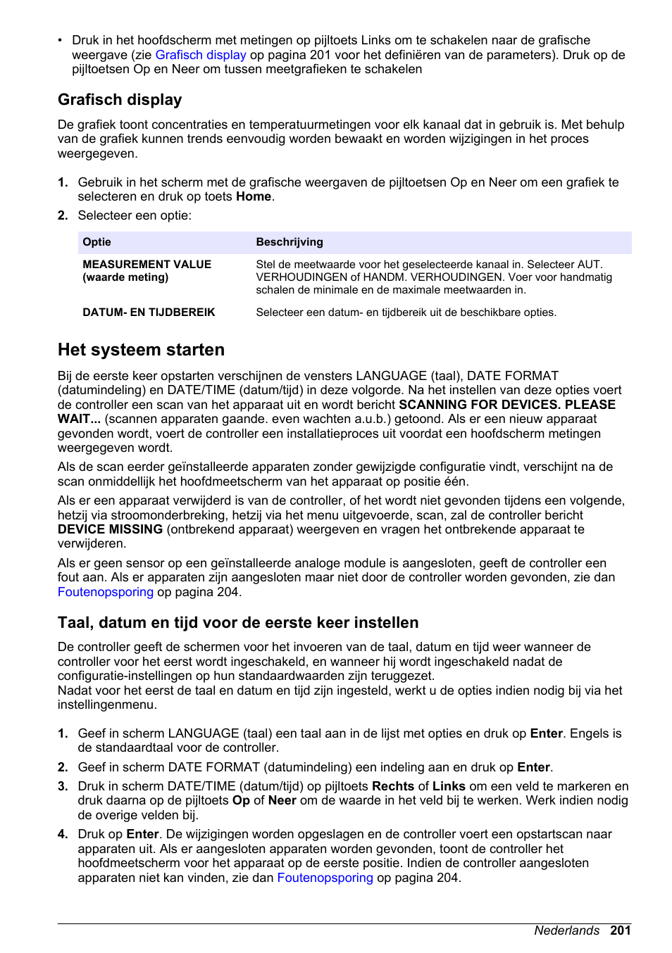 Grafisch display, Het systeem starten, Taal, datum en tijd voor de eerste keer instellen | Hach-Lange POLYMETRON 9500 Basic User Manual User Manual | Page 201 / 284