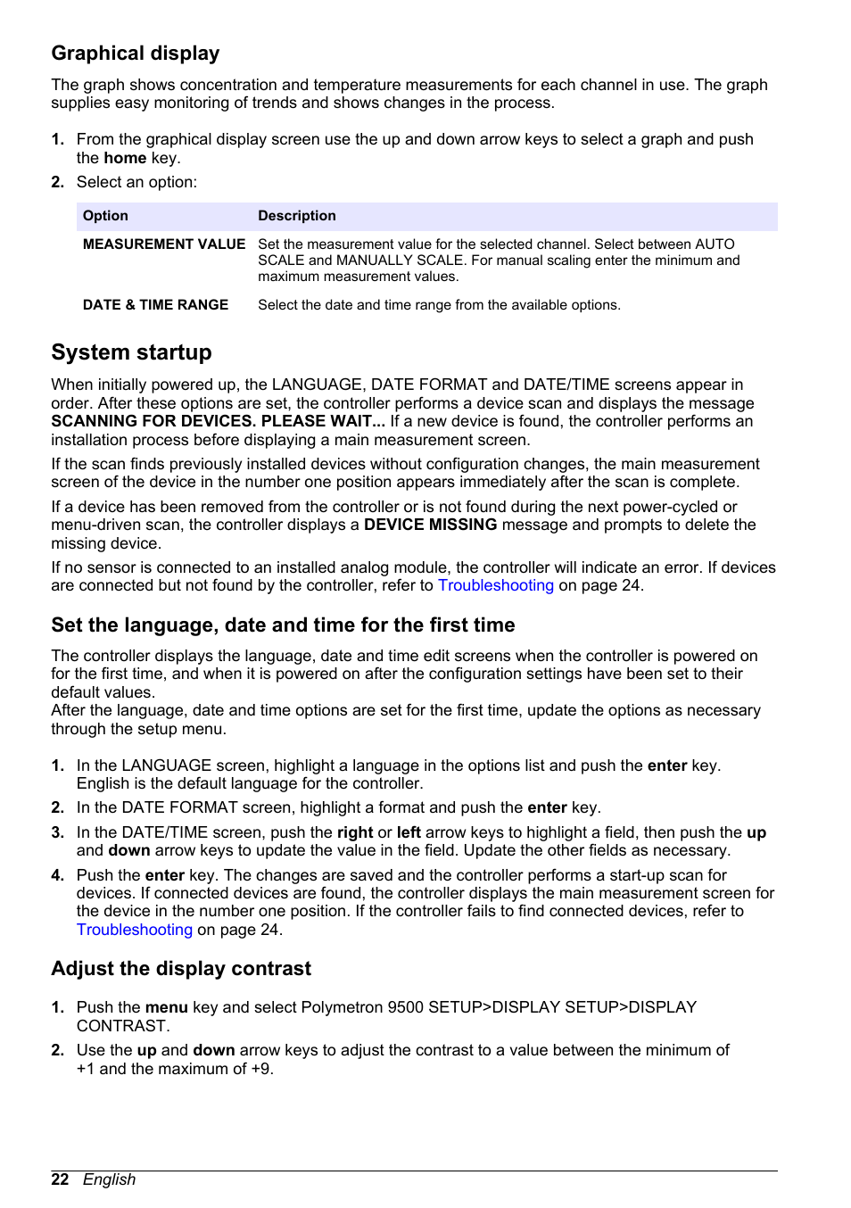 Graphical display, System startup, Set the language, date and time for the first time | Adjust the display contrast | Hach-Lange POLYMETRON 9500 Basic User Manual User Manual | Page 22 / 284