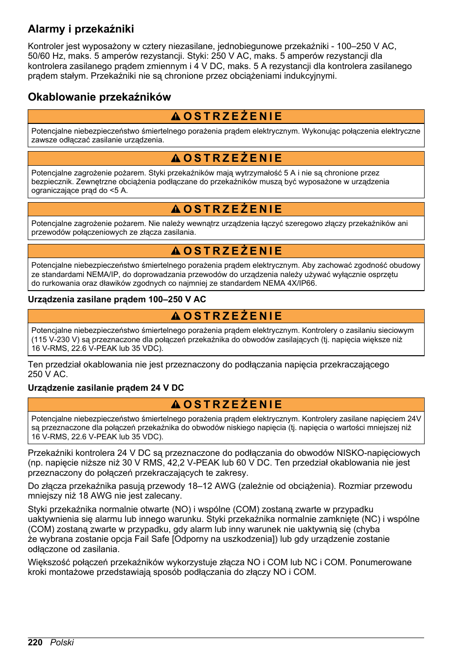 Alarmy i przekaźniki, Okablowanie przekaźników | Hach-Lange POLYMETRON 9500 Basic User Manual User Manual | Page 220 / 284