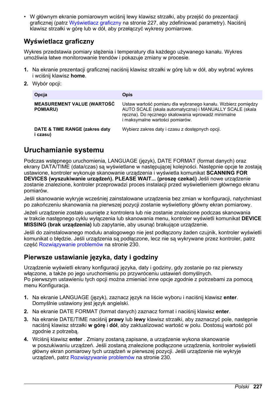 Wyświetlacz graficzny, Uruchamianie systemu, Pierwsze ustawianie języka, daty i godziny | Hach-Lange POLYMETRON 9500 Basic User Manual User Manual | Page 227 / 284