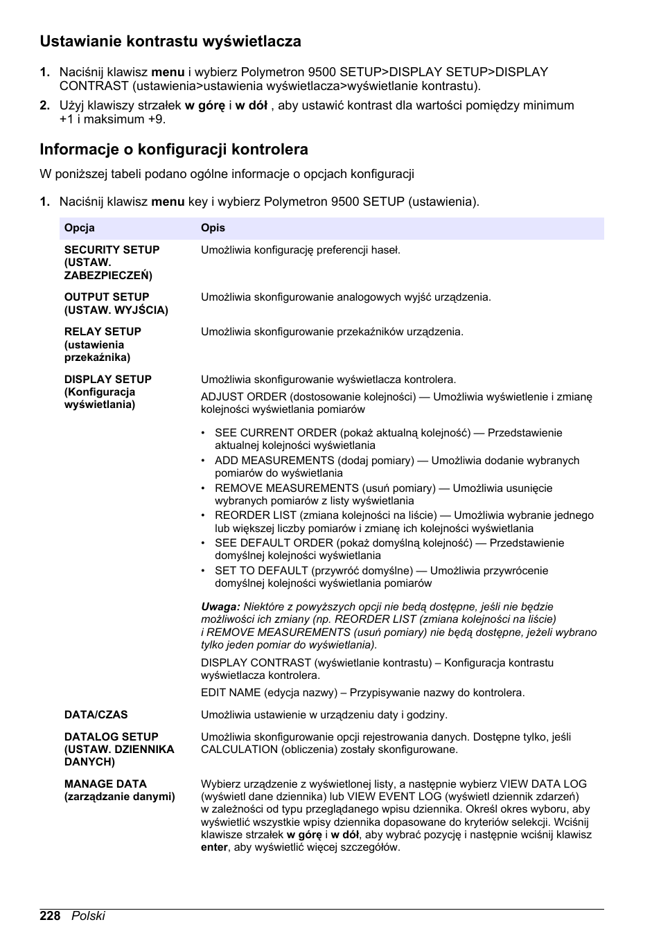 Ustawianie kontrastu wyświetlacza, Informacje o konfiguracji kontrolera | Hach-Lange POLYMETRON 9500 Basic User Manual User Manual | Page 228 / 284