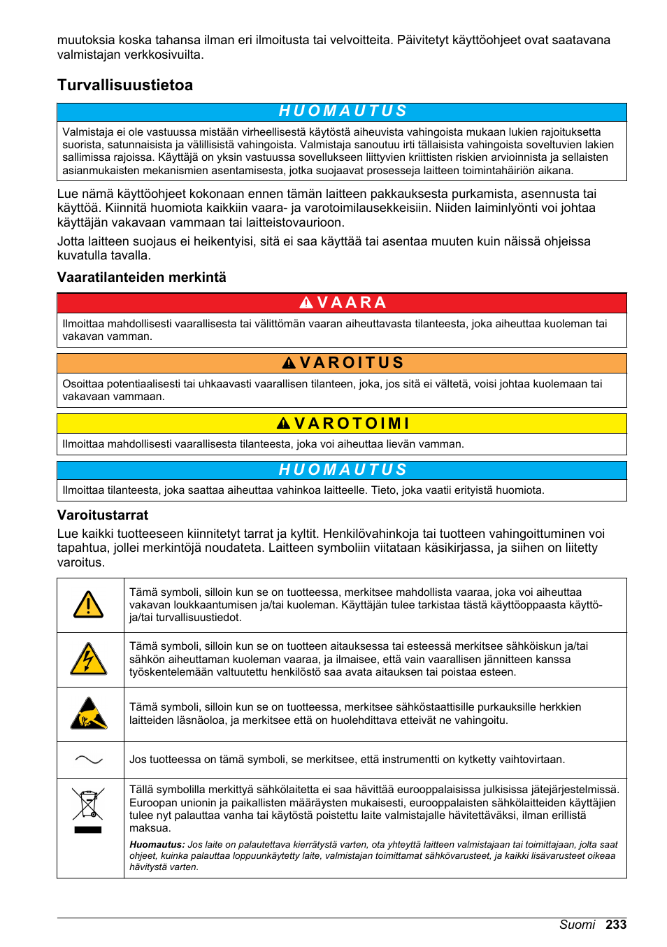 Turvallisuustietoa, Vaaratilanteiden merkintä, Varoitustarrat | Hach-Lange POLYMETRON 9500 Basic User Manual User Manual | Page 233 / 284
