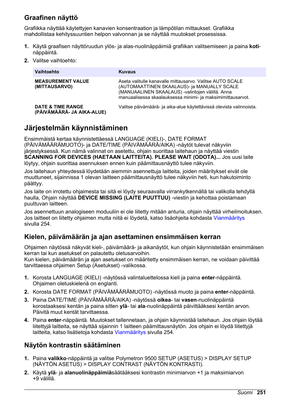 Graafinen näyttö, Järjestelmän käynnistäminen, Näytön kontrastin säätäminen | Hach-Lange POLYMETRON 9500 Basic User Manual User Manual | Page 251 / 284