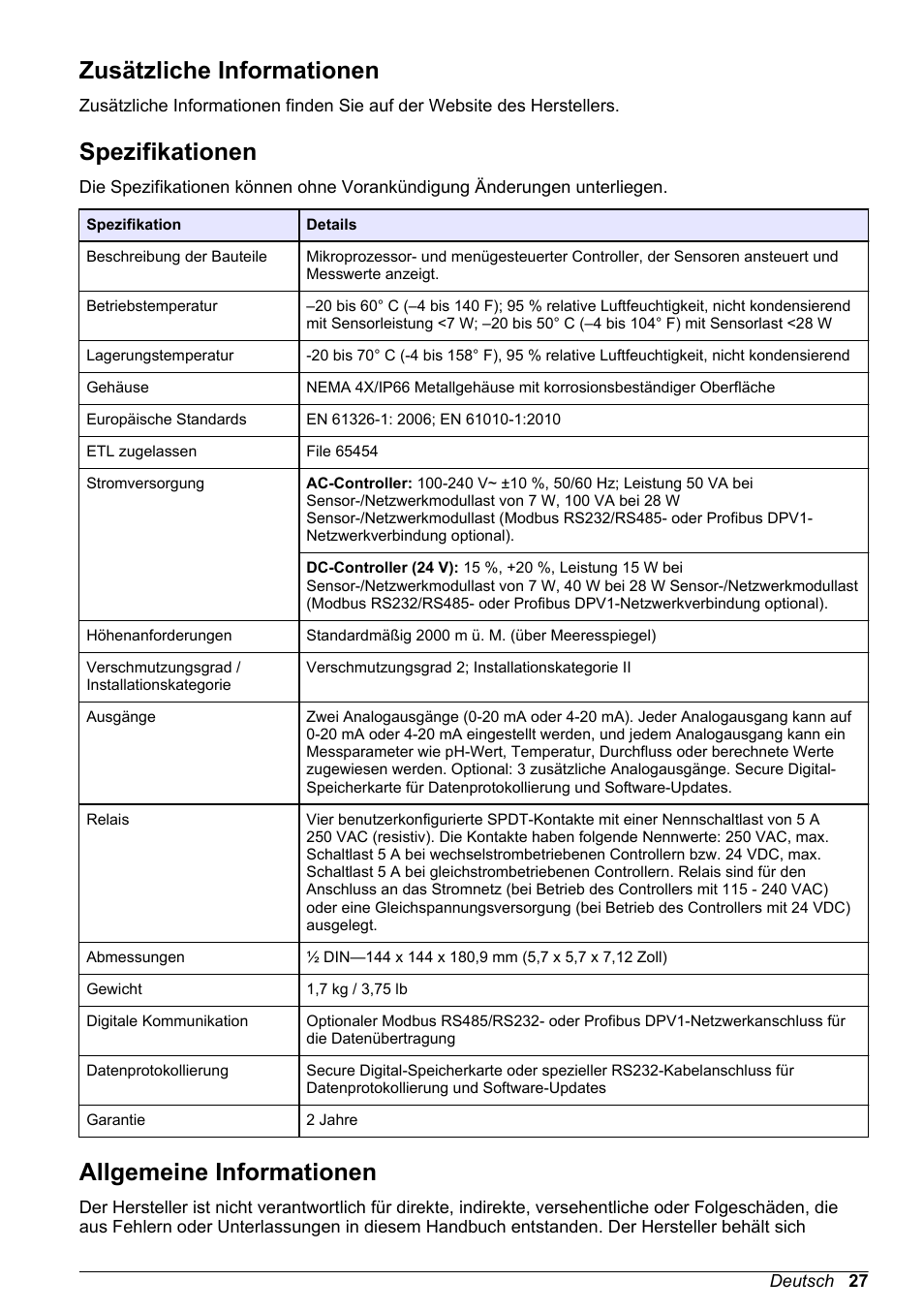 Basishandbuch, Zusätzliche informationen, Spezifikationen | Allgemeine informationen, Deutsch | Hach-Lange POLYMETRON 9500 Basic User Manual User Manual | Page 27 / 284