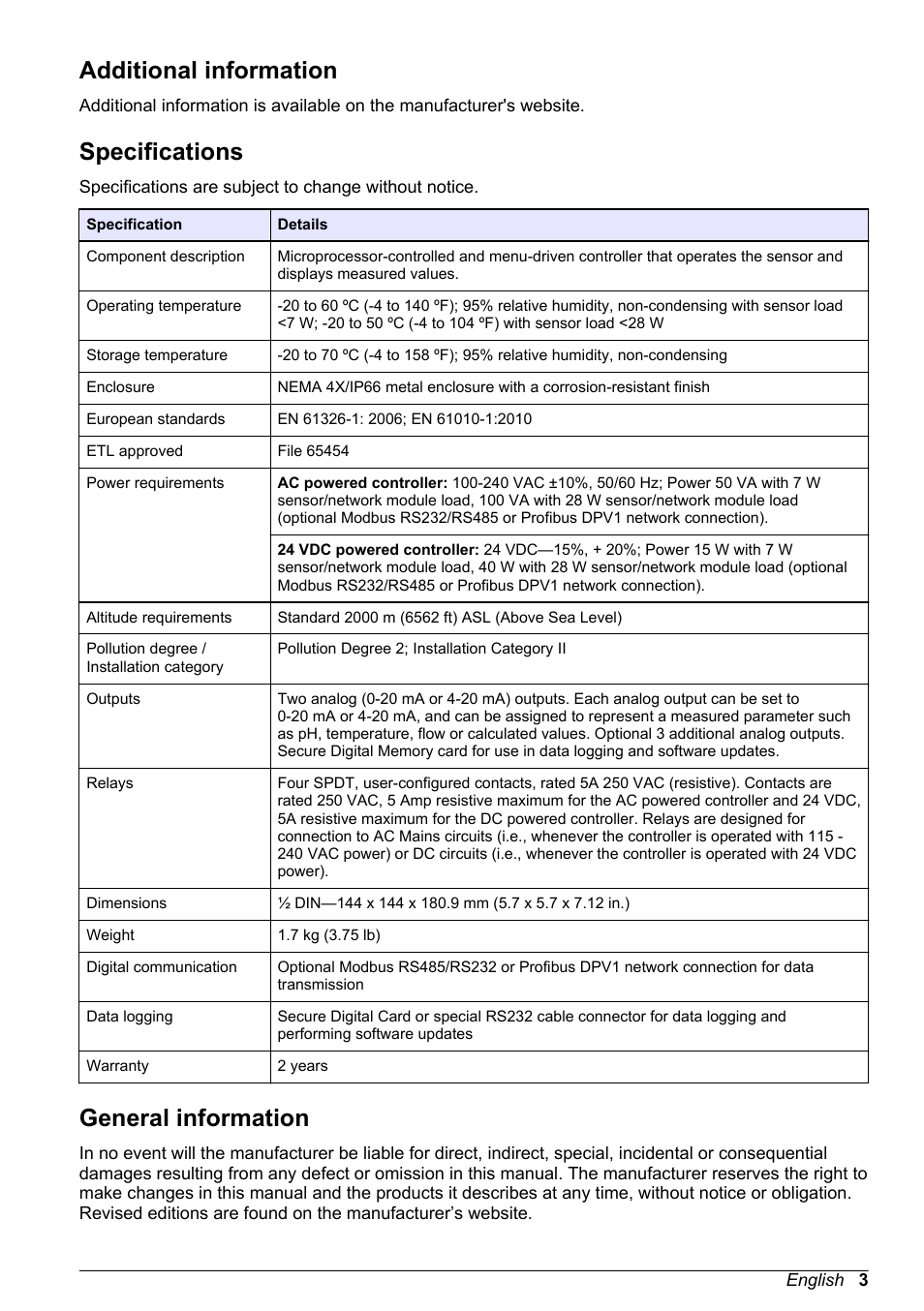 Basic user manual, Additional information, Specifications | General information, English | Hach-Lange POLYMETRON 9500 Basic User Manual User Manual | Page 3 / 284