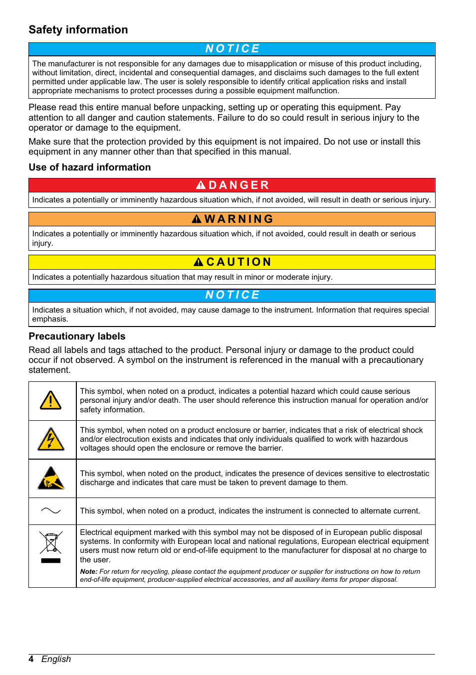 Safety information, Use of hazard information, Precautionary labels | Hach-Lange POLYMETRON 9500 Basic User Manual User Manual | Page 4 / 284