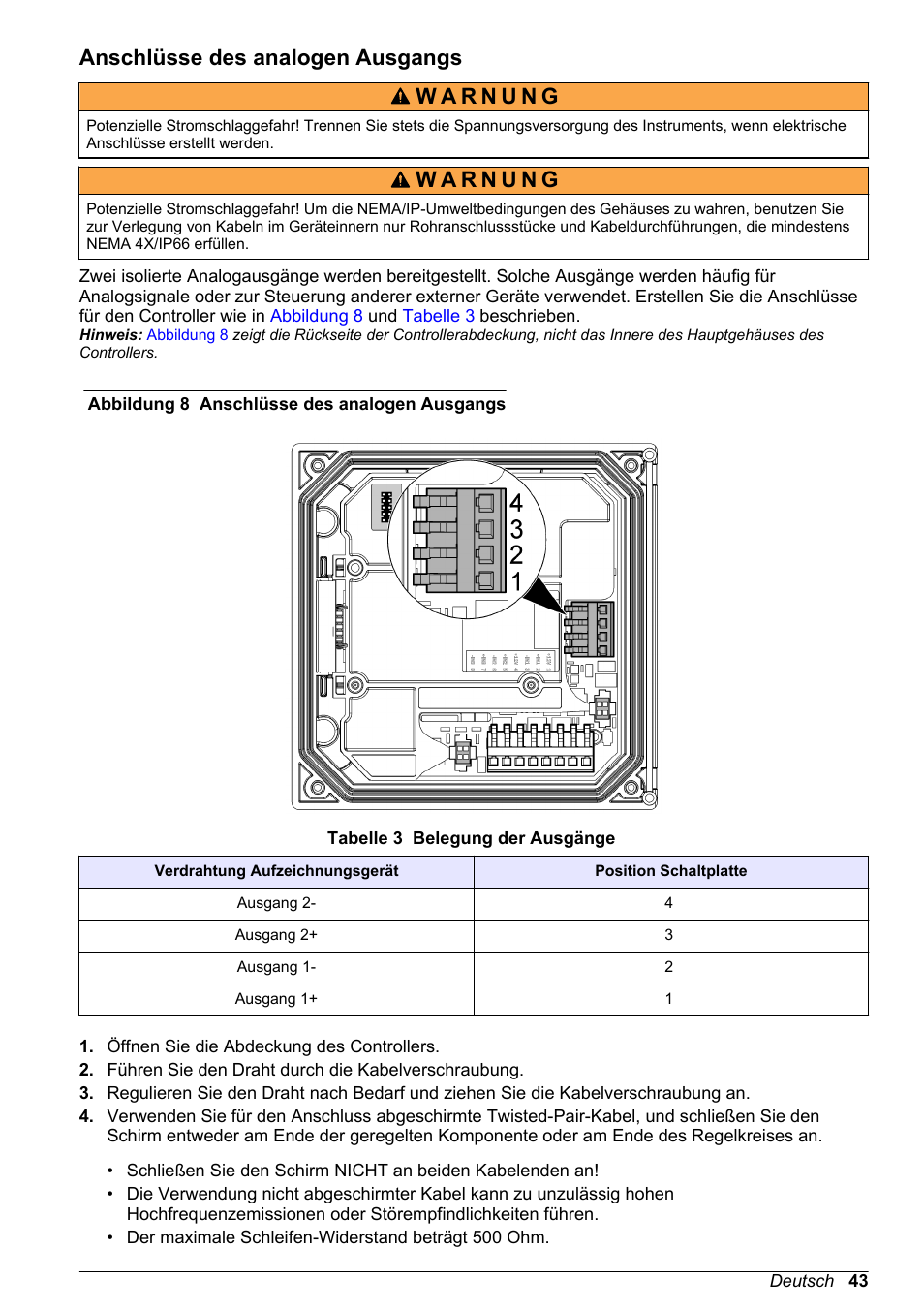 Anschlüsse des analogen ausgangs | Hach-Lange POLYMETRON 9500 Basic User Manual User Manual | Page 43 / 284