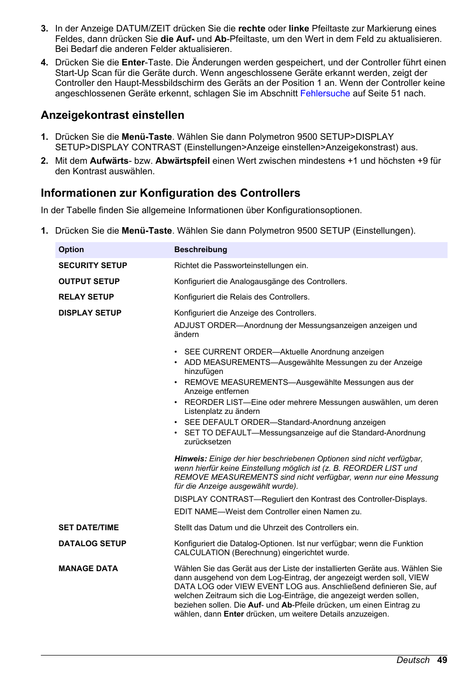Anzeigekontrast einstellen, Informationen zur konfiguration des controllers | Hach-Lange POLYMETRON 9500 Basic User Manual User Manual | Page 49 / 284