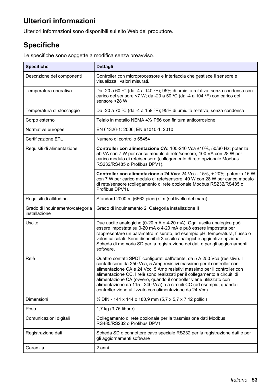 Manuale dell'utente di base, Ulteriori informazioni, Specifiche | Italiano | Hach-Lange POLYMETRON 9500 Basic User Manual User Manual | Page 53 / 284