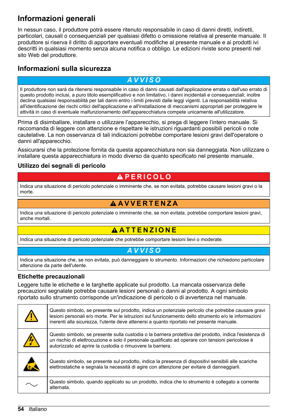 Informazioni generali, Informazioni sulla sicurezza, Utilizzo dei segnali di pericolo | Etichette precauzionali | Hach-Lange POLYMETRON 9500 Basic User Manual User Manual | Page 54 / 284