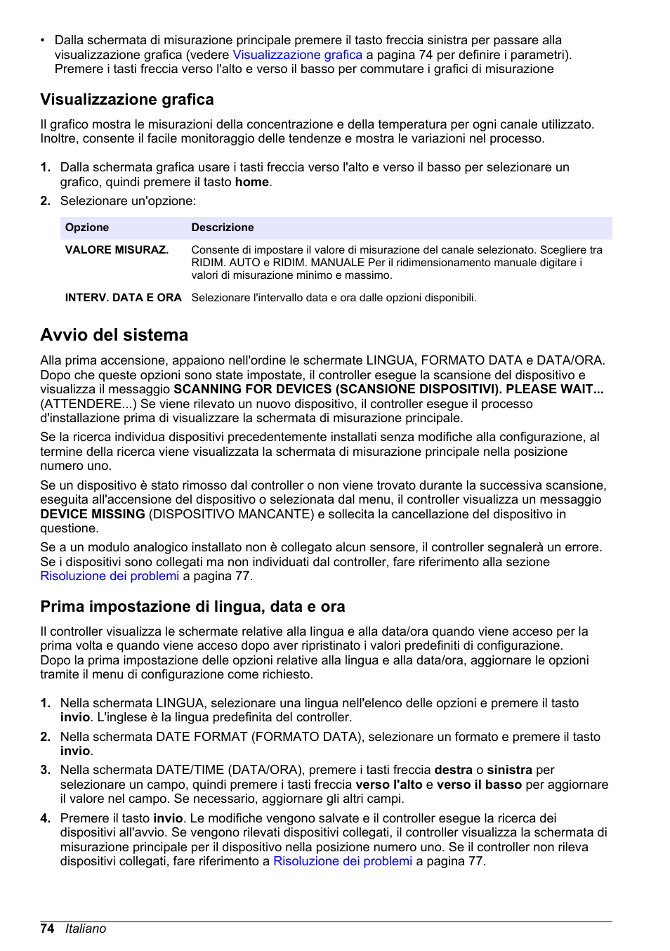 Visualizzazione grafica, Avvio del sistema, Prima impostazione di lingua, data e ora | Hach-Lange POLYMETRON 9500 Basic User Manual User Manual | Page 74 / 284