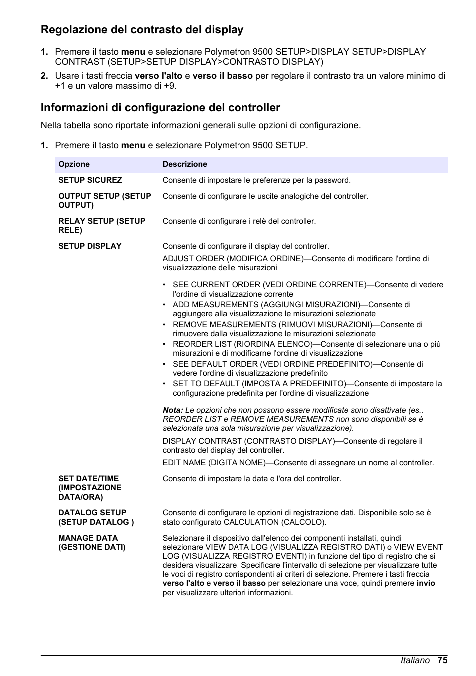 Regolazione del contrasto del display, Informazioni di configurazione del controller | Hach-Lange POLYMETRON 9500 Basic User Manual User Manual | Page 75 / 284