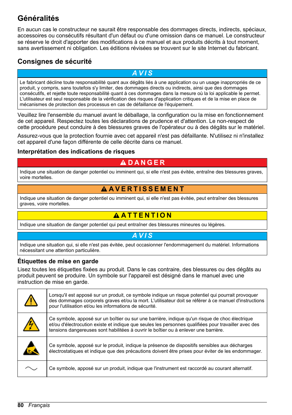 Généralités, Consignes de sécurité, Interprétation des indications de risques | Étiquettes de mise en garde, A v i s | Hach-Lange POLYMETRON 9500 Basic User Manual User Manual | Page 80 / 284