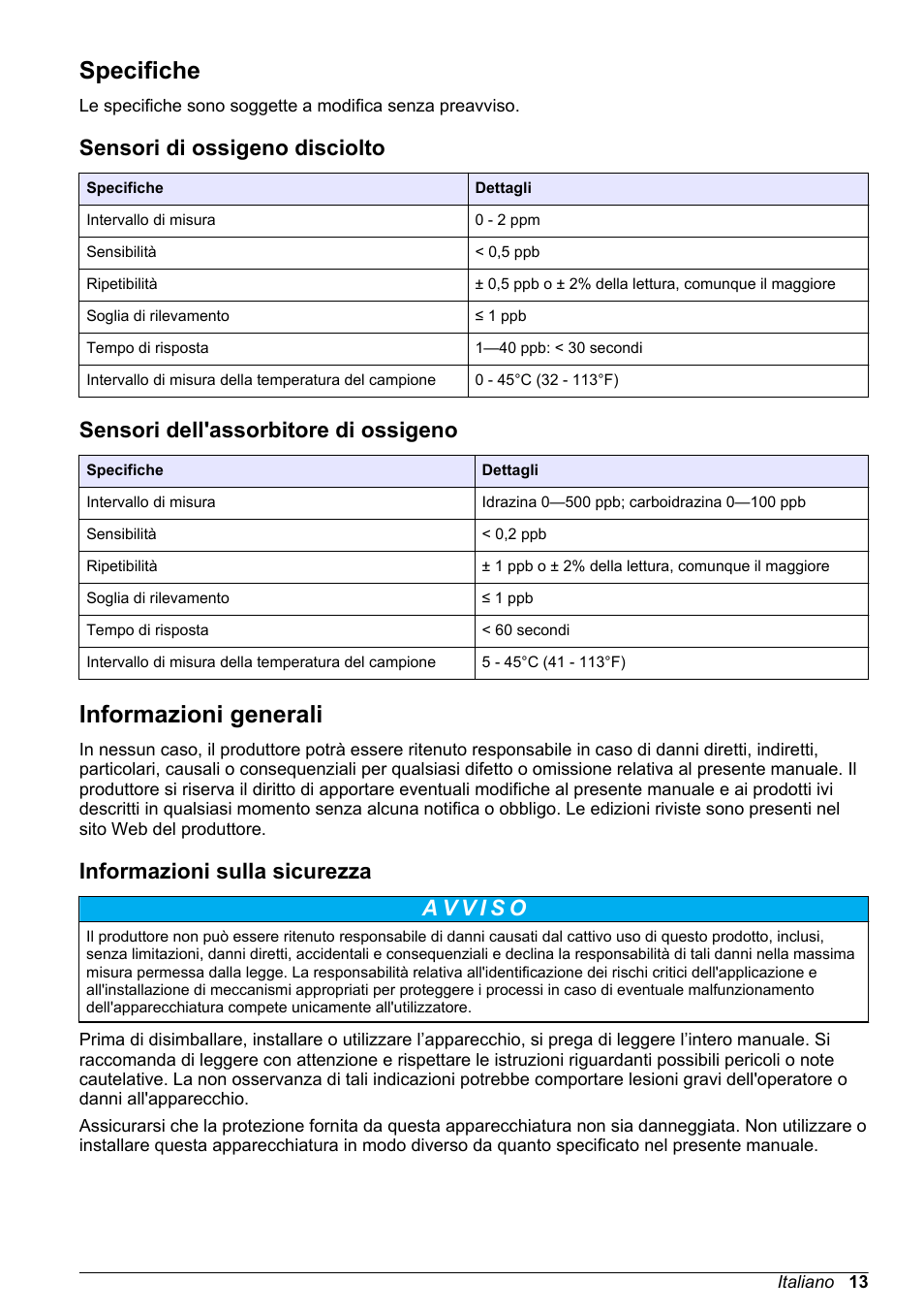 Manuale d'uso, Specifiche, Sensori di ossigeno disciolto | Sensori dell'assorbitore di ossigeno, Informazioni generali, Informazioni sulla sicurezza, Italiano | Hach-Lange POLYMETRON 9500 Amperometry Module User Manual User Manual | Page 13 / 60