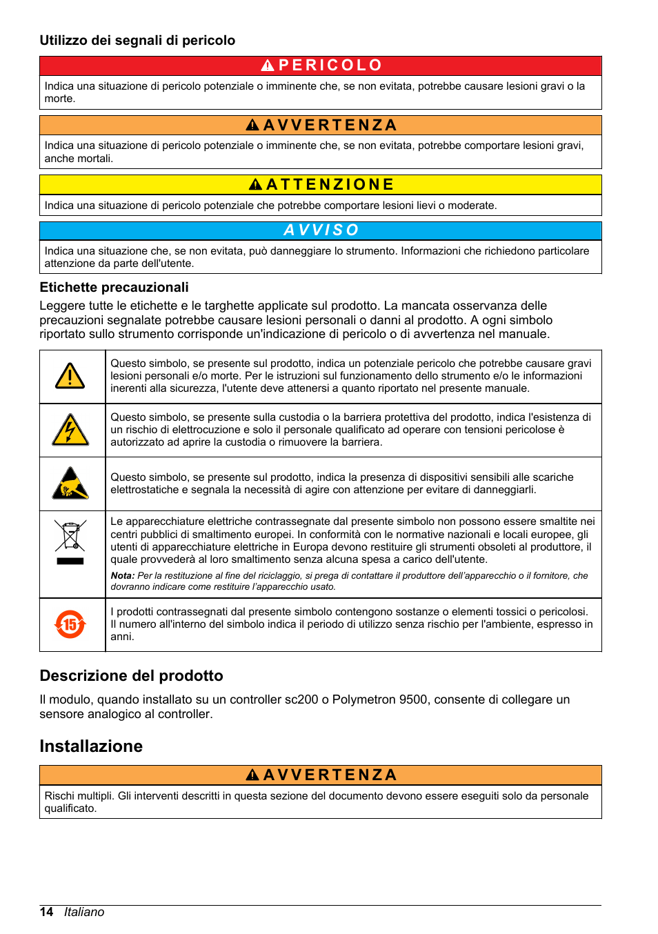 Utilizzo dei segnali di pericolo, Etichette precauzionali, Descrizione del prodotto | Installazione | Hach-Lange POLYMETRON 9500 Amperometry Module User Manual User Manual | Page 14 / 60